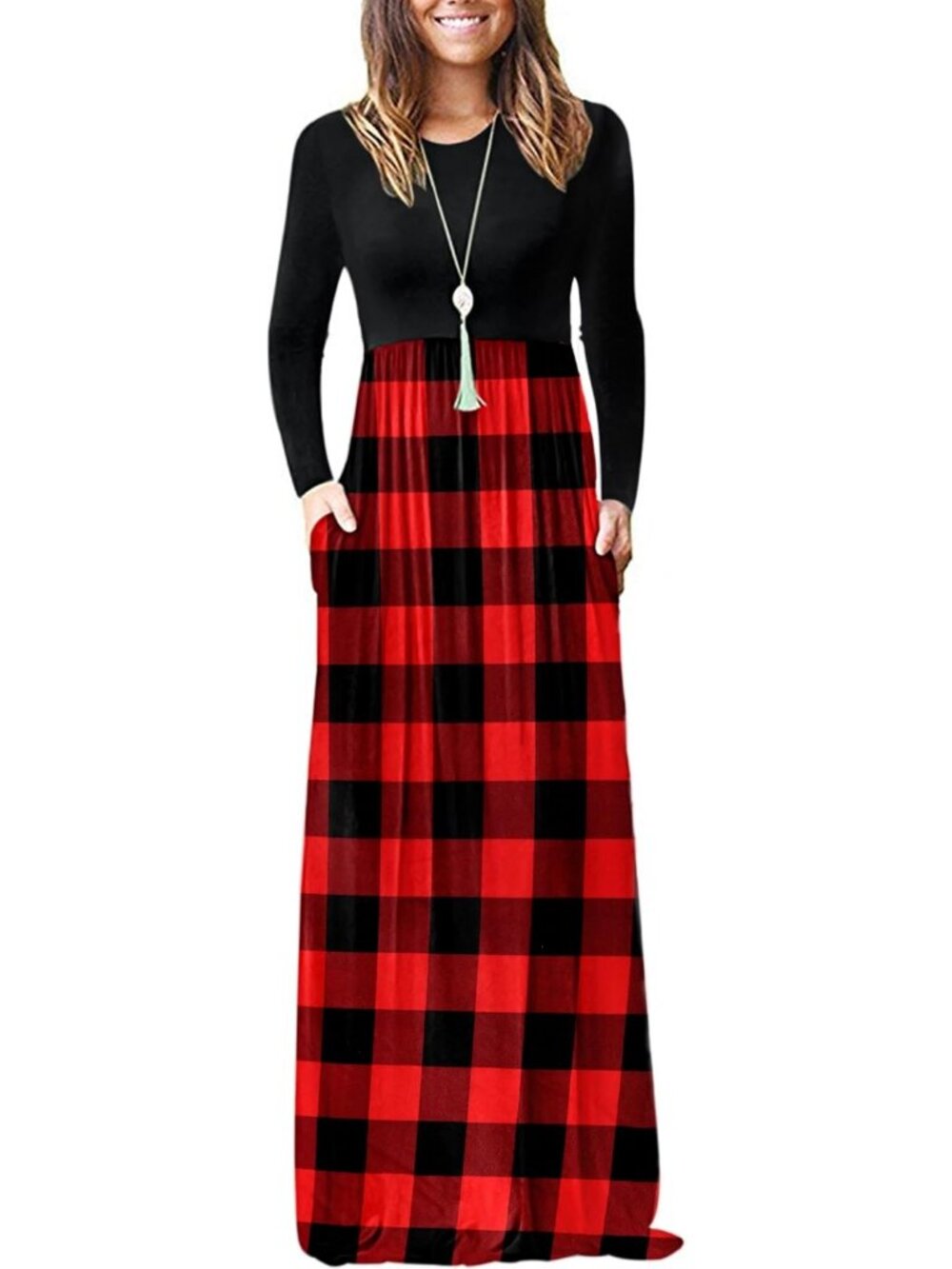 Women's Red Plaid Black Crew Neck Long Sleeve Pull On Soft Pocket Maxi Dresses